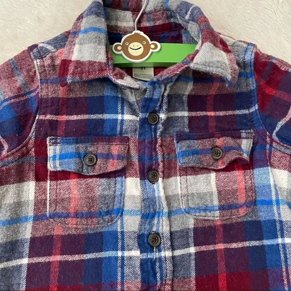 𝅺oshkosh Toddler Red Blue Plaid Long Sleeve Flannel Shirt Size 3T